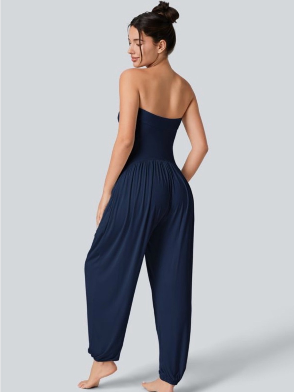 Halara NWT Small Strapless Backless Navy Wide-Leg Jumpsuit Pockets - Picture 2 of 4
